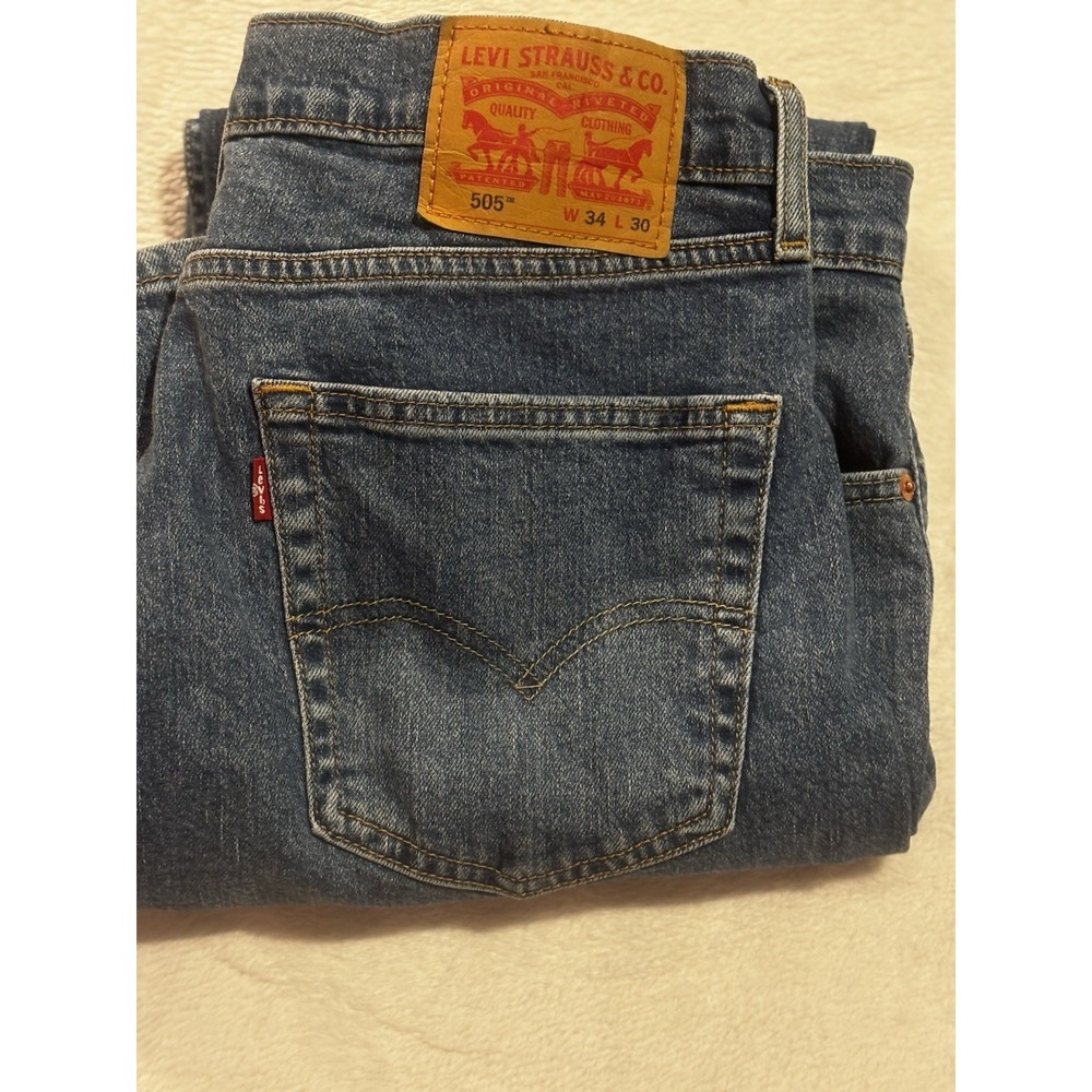 Levis 505 Jeans Mens 34x30 Blue Denim Regular Fit Straight Leg Dark Wash Red Tab